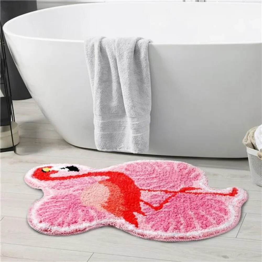 Pink Flamingo Palm Bath Mat Tropical Tufted Non Slip Bathroom Rug Soft Floor Dec